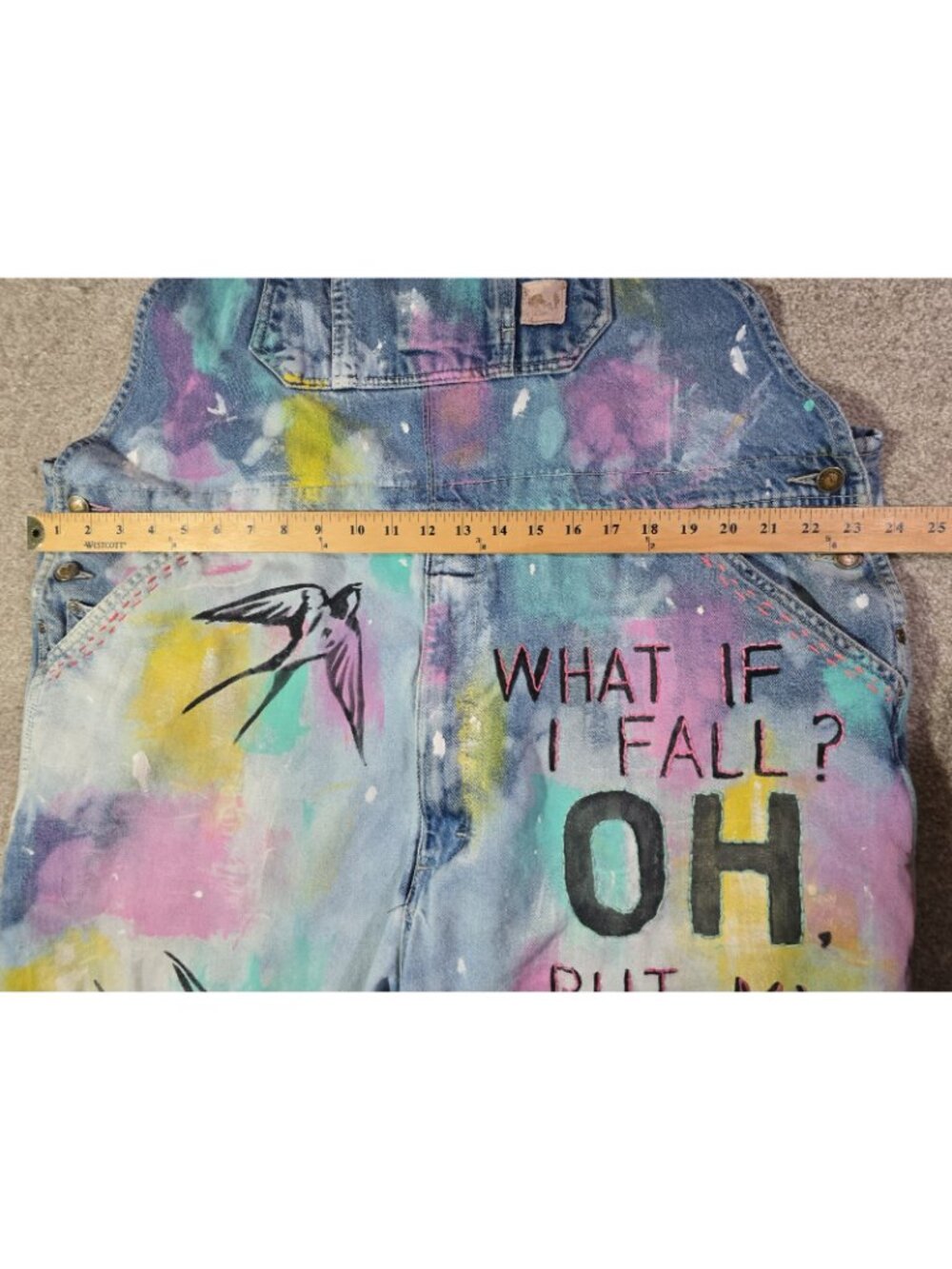 OOAK Upcycled Artwear Oversized Denim Overalls Painted Slow Stitched Boho Whimsy - Picture 4 of 16